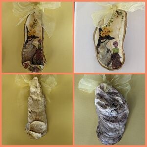 Handcrafted decoupaged pair Oyster shells birds florals ribbons